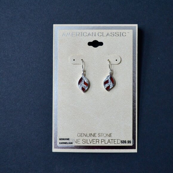 American Classic Genuine Carnelian Fine Silver Plated Drop Leaf Earrings New - Picture 1 of 5
